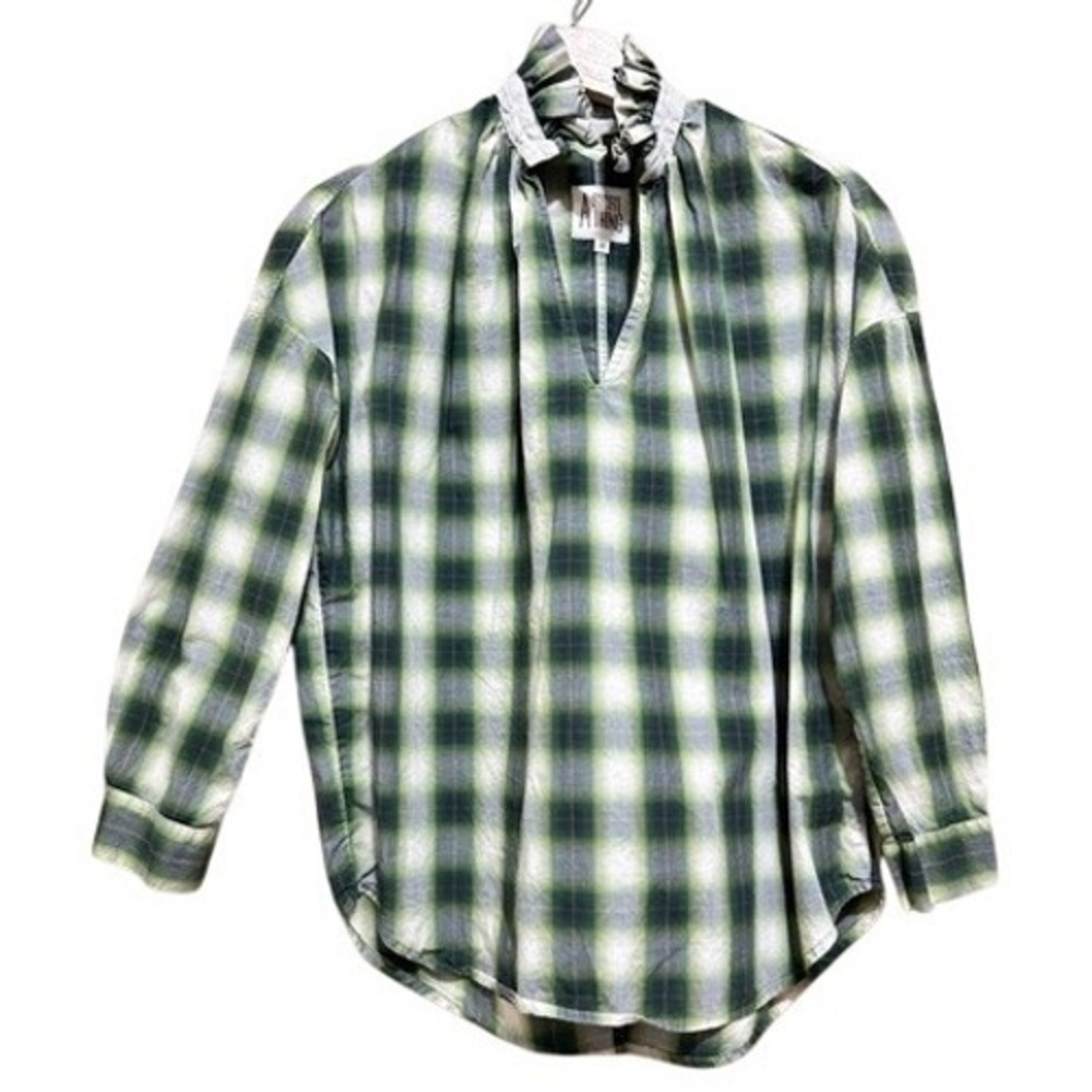 A Shirt Thing XS Ruffle Neck Plaid Blouse Green Cottagecore Boho Top